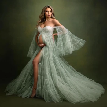14504 #Елегантна мятно-зелена Рокля за бременни, за фотосесия или Детската душа, Тюлевые Рокли за бременни с Дълги Изгорени Ръкави, рокля за бременни 0