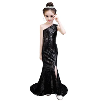 черна рокля на русалка с пайети на възрастта за момичета, реколта благородни абитуриентски рокли с едно рамо, вечерни детски рокли M0327