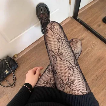 Чорапи, Секси чорапогащи, дамски, дантела ретро-лук жакард чорапогащник выдалбливают прозрачен лък мрежести чорапи тялото бельо