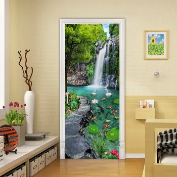 3D водопад Воден Басейн Лебед Риба Стикер На Вратата на Самозалепващи PVC Тапети Верандата Декор на Коридора, Плакат Дизайн на Дома Стикери За Стена