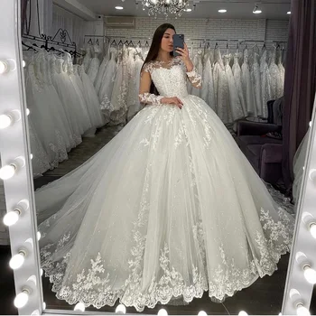Бална рокля на Принцеса Сватбена Рокля с дълъг ръкав рокля на булката с кръгло деколте плюс размер robe de mariee Дантелено сватбена рокля с мъниста 0