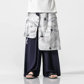 Традиционно Облекло в Китайски Стил за Мъже, Свободни Широки Памучни Панталони, Японското Кимоно, Панталон с Ориенталски Принтом, Модни Градинска Облекло