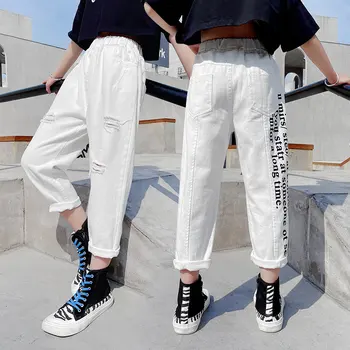 Бели дънкови Панталони за момичета, Пролетните Нови Модни Памучни панталони с писмото принтом 2021 г., Скъсани дънки в корейски стил, Детски дрехи от 4 до 14 години