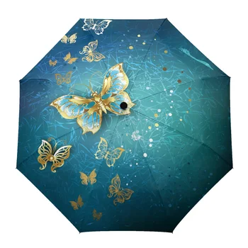 Златна Пеперуда Красиво Изкуство, Творчески Чадър За Дъжд Женски Автоматичен Три Сгъваем Чадър Ветрозащитный Чадър Parapluie 0