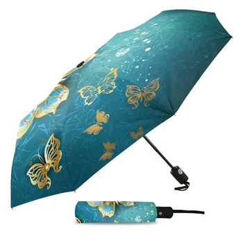 Златна Пеперуда Красиво Изкуство, Творчески Чадър За Дъжд Женски Автоматичен Три Сгъваем Чадър Ветрозащитный Чадър Parapluie 1