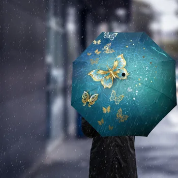 Златна Пеперуда Красиво Изкуство, Творчески Чадър За Дъжд Женски Автоматичен Три Сгъваем Чадър Ветрозащитный Чадър Parapluie 2