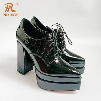 PRXDONG/ Нова Марка 2023 г., пролетни обувки от естествена кожа на дебел висок ток с остър пръсти и платформа, на Модела вечерни Офис дамски обувки-лодки, Размер 40 2