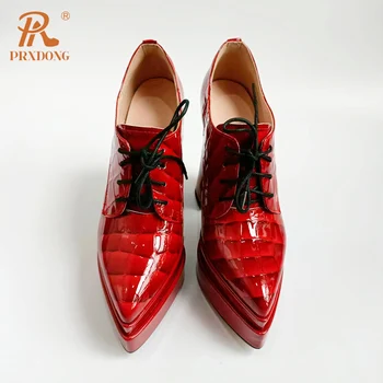 PRXDONG/ Нова Марка 2023 г., пролетни обувки от естествена кожа на дебел висок ток с остър пръсти и платформа, на Модела вечерни Офис дамски обувки-лодки, Размер 40 4