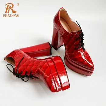 PRXDONG/ Нова Марка 2023 г., пролетни обувки от естествена кожа на дебел висок ток с остър пръсти и платформа, на Модела вечерни Офис дамски обувки-лодки, Размер 40 5