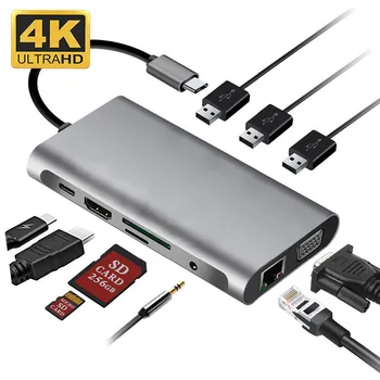 USB HUB с Док-Станция Type C Адаптер USB 3.0 4K HD VGA, RJ-45 10 в 1 Конвертор за Macbook Pro Thunderbolt 3 0