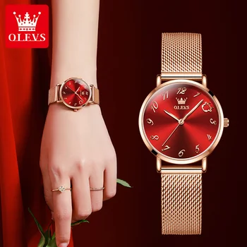OLEVS 5870 Водоустойчив Супертонкие Висококачествени Дамски Ръчни Часовници с Модерен Каишка от естествена кожа, Кварцов Часовник за Жени
