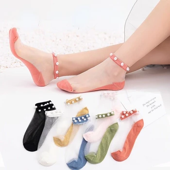 Пролет-лято нови стъклени чорапи с перлената тапицерия, червени мрежести леки, дишащи дамски чорапи-лодки, кристални чорапи