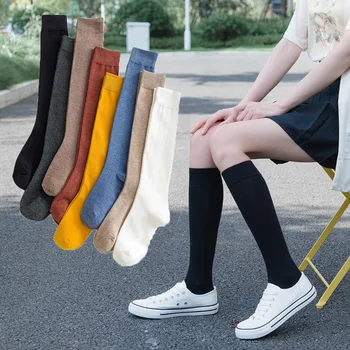 Памучни Дамски Чорапи До Коляното Soild Color, Женски Студентски Чорапи, Ученически Вечерните Улични Танцови Чорапи до Коляно за Жени