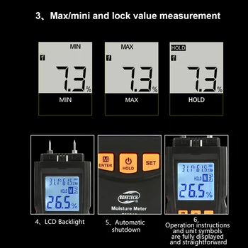GM605 Цифров LCD Дисплей Измерване на Влажност на Дървесина Тестер Влажност на Дървесината Влажен Детектор Портативен Измерител на Влажността на Дървесината 2