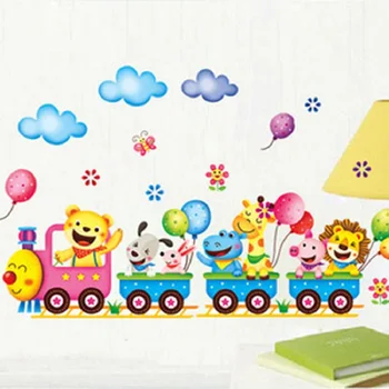 Карикатура на Сладък Животни Влак Балон САМ Подвижни Стикери За Стена момичета Спалня Начало Декор Стенни Стикер Шкаф Художествена Украса 2
