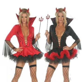 Хелоуин Карнавал Дама Готически Демоничните Костюм Секси Червен Черен Дълбоко V Мини Пакетче Дяволът Гащеризон Cosplay Необичайно Вечерна Рокля 0