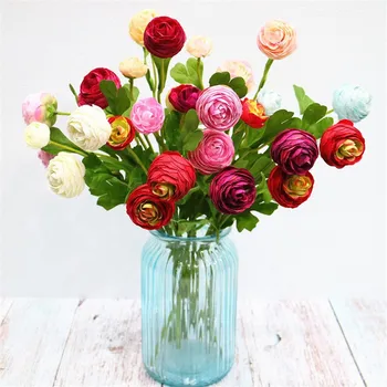 Стъблото Копринени Цветя Ранункулюса 3 Глави Имитация на Клони Рози Melaleuca за Сватбен Домашно Цвете за Декорация 0