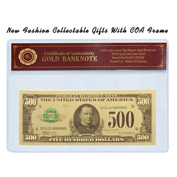 WR 500 ДОЛАРА Фалшиви Пари Американска Банкнота е от 24-каратово Златно Фолио с PVC Рамка Подпори Пари Уникални Подаръци Колекция от Художествени Занаяти 1