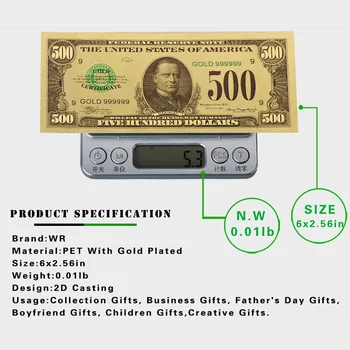 WR 500 ДОЛАРА Фалшиви Пари Американска Банкнота е от 24-каратово Златно Фолио с PVC Рамка Подпори Пари Уникални Подаръци Колекция от Художествени Занаяти 3