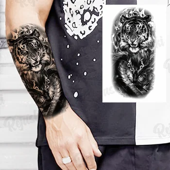 Черни Бодли Временни Татуировки За Възрастни Мъже Реалистичен Тотем Лъв Маорите Компас Цвете Тигър Фалшиви Татуировки StickerArm Татуировки направи си САМ 5