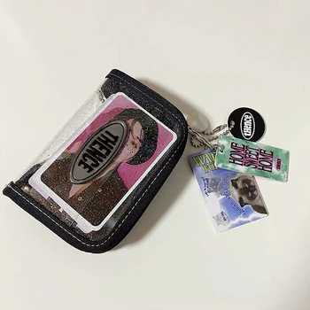 Корейски модерен кратък жена портфейла в стил пънк, прозрачен, расшитый пайети, с надпис idol, калъф за карта с цип, Ретро портфейл за монети от 90-те години 1