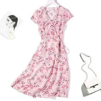 Секси Дълга рокля с аромат от 100% Чиста Коприна, Двухслойное Розова рокля с цветен Модел, M, L, XL, JN504