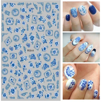 Синя и бяла порцеланова стикер за изграждане на нокти в китайския Ретро стил за жени и момичета, декорация за нокти, а на задната залепваща стикер за нокти WG110