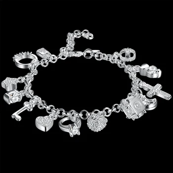 Гореща градинска мода Печат 925 сребро тънък Циркон сърцето ключ Висулка за Гривна за жени Вечерни Подаръци сватбени аксесоари Бижута