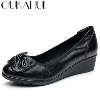OUKAHUI/Маркови пролетно-есенни дамски обувки На плоска танкетке От естествена кожа Върху плоска подметка с Лък и мъниста, Удобни тънки обувки с подметка и плитка