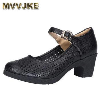 MVVJKEsummer сандали в етнически стил, обувки за мама, кожени обувки на среден ток с дупки, дамски обувки на средна възраст, Дебели кожени обувки