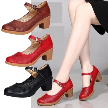 MVVJKEsummer сандали в етнически стил, обувки за мама, кожени обувки на среден ток с дупки, дамски обувки на средна възраст, Дебели кожени обувки 5
