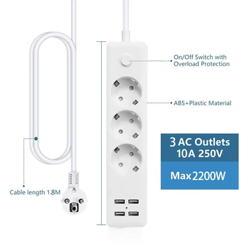 ЕС Power Strip 3 Контакта за променлив ток 4 USB Порта За Зареждане на 2200 W Гнездо Със Защита От Претоварване 1,8 м Удлинительный Кабел с Щепсел За Домашния Офис 1