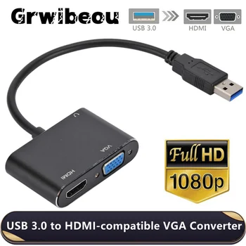 Grwibeou 2в1 USB 3.0-HDMI-съвместими VGA Конвертор с два изхода 1080P USB кабел-адаптер, VGA, HDMI за Mac OS, Windows 7/8/10