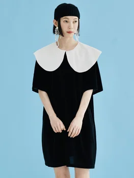 Imakokoni Оригинално Лятно Черно-бяла рокля с ревери в стил Мозайка 2022 година с Къс ръкав женски 223701