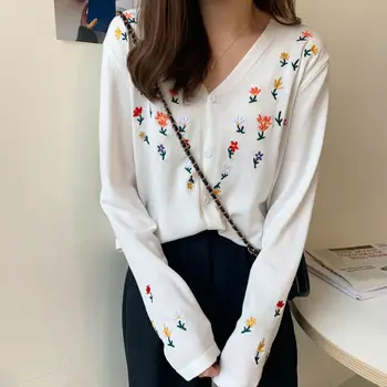 2021 модерен жена с жилетка, пуловер, обикновен, с V-образно деколте, с бродерии и цветя, вязаный пролетно-есенен пуловер, женски, Harajuku
