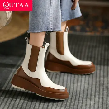 QUTAA/2022 Ботильоны от естествена кожа на платформа; зимни дамски обувки с кръгло бомбе; слипоны; обувки Челси в средно на квадратен ток ; Размер на 34-41