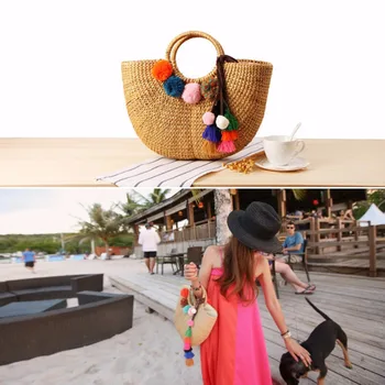 Летни Дамски Заоблени Дръжки Pom Шапки От Слама Тъкани Плажната Ежедневна Чанта 0