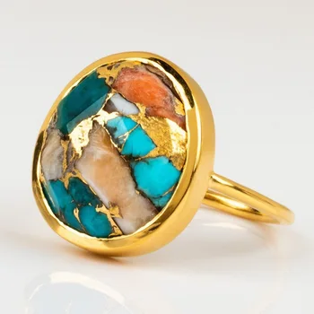 Жена Ретро цветно пръстен с естествен скъпоценния камък, позлатените, пътни настилки незабравим творческа пръстен, Размер САЩ 6-10