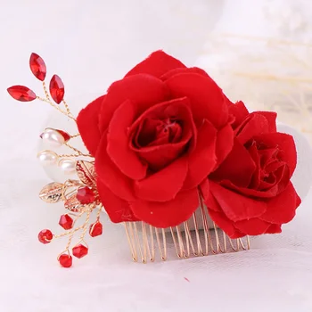 FORSEVEN Китайски Червен Цвят на Рози Цвете Кристали, Перли Гребени За Коса Прическа За Жени на Булката Noiva Сватбена Украса За Коса-Аксесоари
