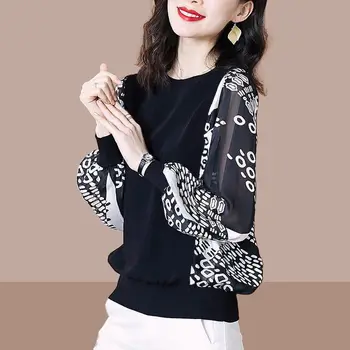 Шифоновая риза, пролет-есен Нова Мода Свободна женска тениска в корейски стил с дълъг ръкав, дамски Горната част на Долната риза, Небрежно