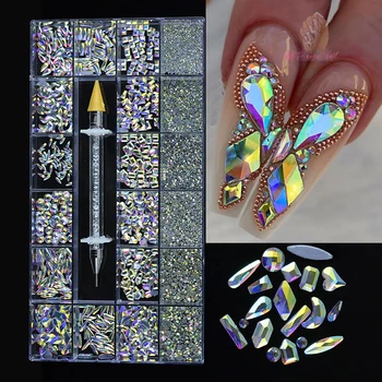 3D Ноктите Смесен Размер Блестящи Кристали За Дизайн на Ноктите, Корекция на Flatback Кристал Стъкло Диамант Скъпоценни Камъни Кутия Комплект