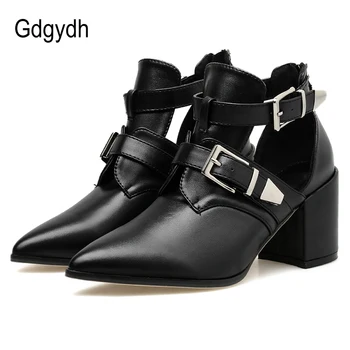 Gdgydh/обувки в стил ретро; дамски обувки-лодка с остри пръсти на високо квадратен ток с метална Катарама и изрезки; тънки обувки от мека кожа с цип; Директна доставка