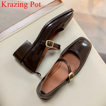 Krazing Pot/2022 г. пролетни обувки от естествена кожа с квадратни пръсти на среден ток за зрели, сладки, за срещи, с каишка и катарама, дамски обувки-лодка Mary janes L3f4