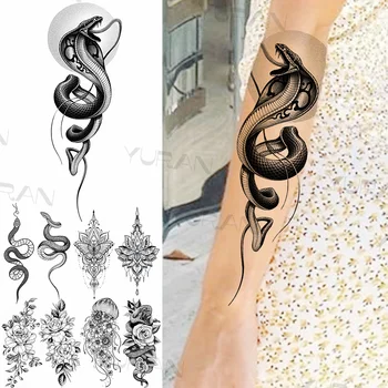 Голяма Черна Змия Временни Татуировки За Жени, Момичета Реалистична Къна Медуза Цвете Фалшива Татуировка Стикер Ръка Тялото Татуировки 3D