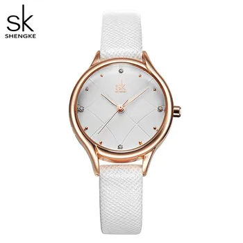 Shengke Дамски Часовници Модни Кожени Ръчни Часовници В Клетката Дамски Часовници Бели, Часовници Reloj Mujer Rosi Кол Saati Montre Feminino 0