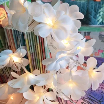 бяла лилава кърпа frangipani цвете сватба led гирлянди, работещи на батерии, Плюмерия, венец, парти, Коледа, интериор за спални 1/2/3/4 м 1