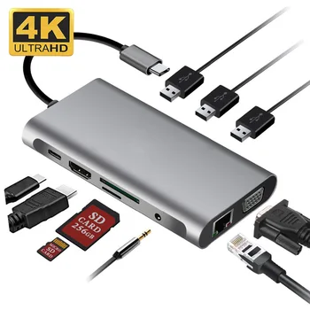 USB C Докинг станция Type C Hub Адаптер 10 в 1 Конвертор 4K, HDMI-съвместими VGA USB 3.0, RJ-45 Gigabit Ethernet За Macbook Pro 0