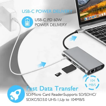 USB C Докинг станция Type C Hub Адаптер 10 в 1 Конвертор 4K, HDMI-съвместими VGA USB 3.0, RJ-45 Gigabit Ethernet За Macbook Pro 1