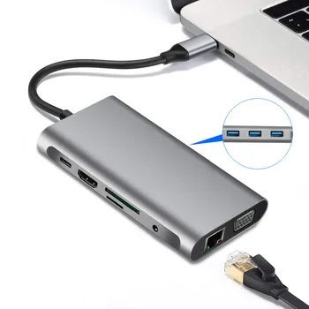 USB C Докинг станция Type C Hub Адаптер 10 в 1 Конвертор 4K, HDMI-съвместими VGA USB 3.0, RJ-45 Gigabit Ethernet За Macbook Pro 2