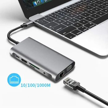 USB C Докинг станция Type C Hub Адаптер 10 в 1 Конвертор 4K, HDMI-съвместими VGA USB 3.0, RJ-45 Gigabit Ethernet За Macbook Pro 3